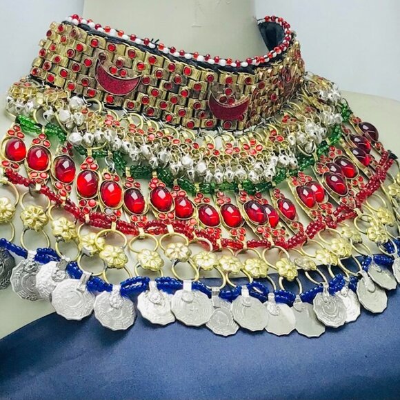 Red Stones Afghan Necklace, Vintage Coins Multilayer Choker Necklace, Gypsy - Picture 7 of 14